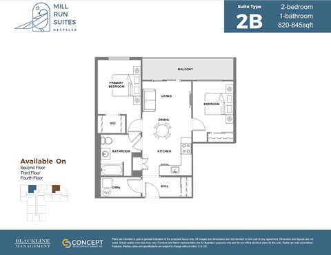 Floor plan for 2 beds, 1 bath, 845 sqft